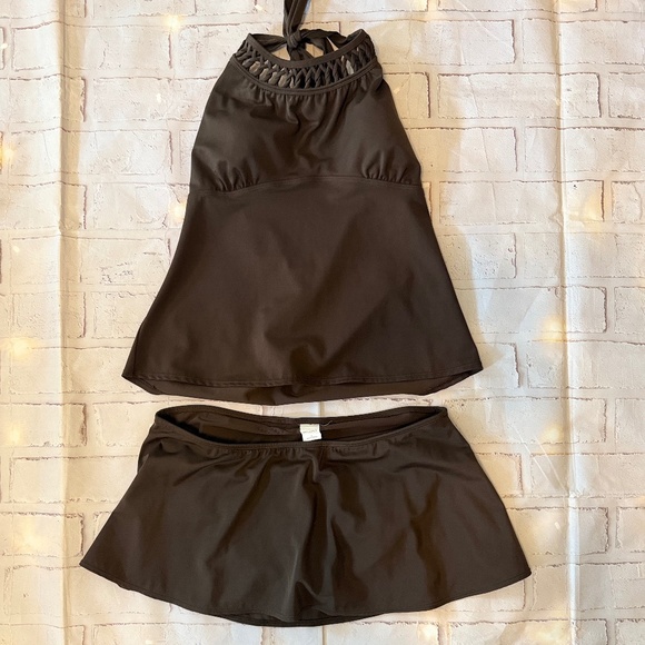 Merona Brown Halterkini Swim Set - Top and Skirted bottom.Never worn NWOT Size L - Picture 1 of 9